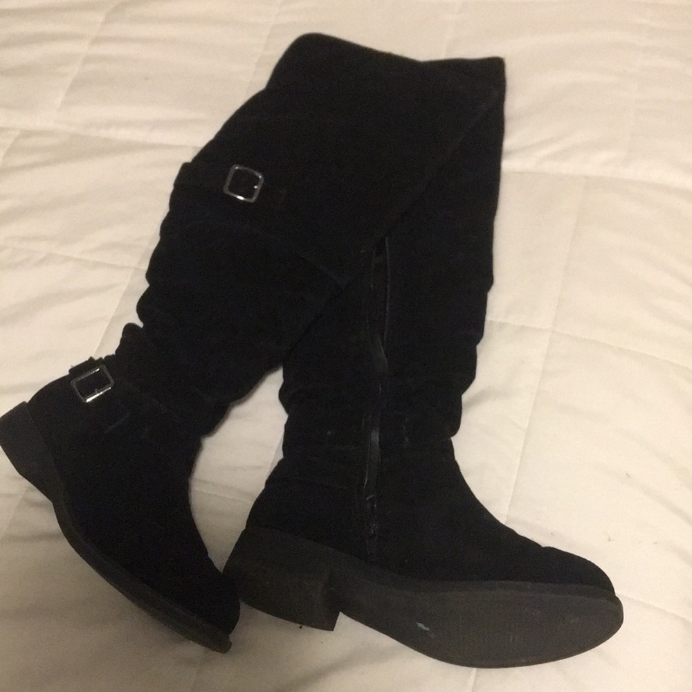 Black velvet knee high boots